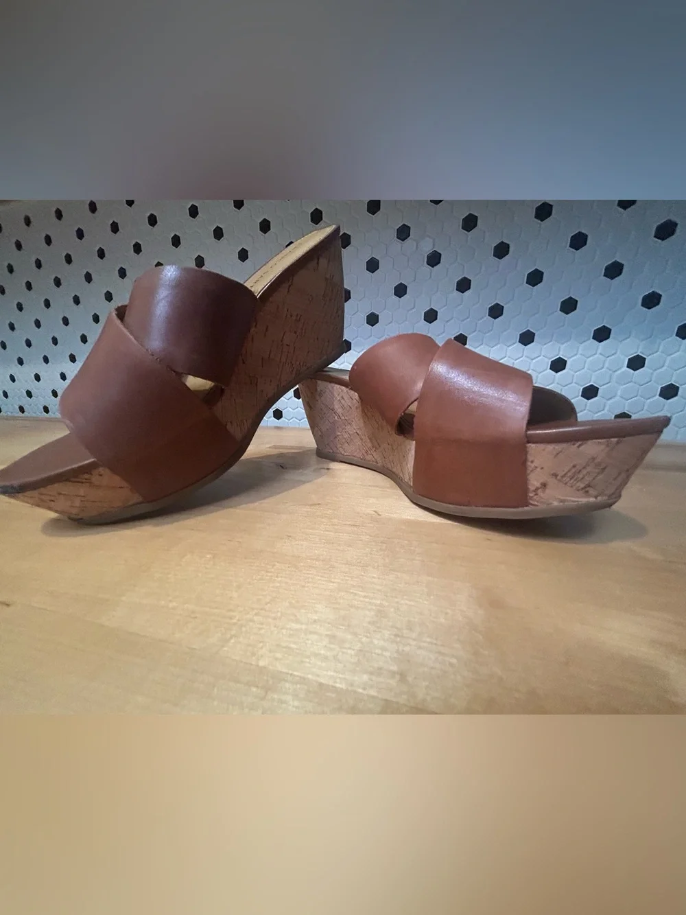 Franco Sarto Brown Leather Cork Wedge Sandals